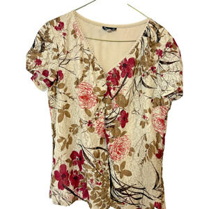 Biyagcda Shirt Womens XL Beige Red Brown Floral Lace Short Sleeve Career Top